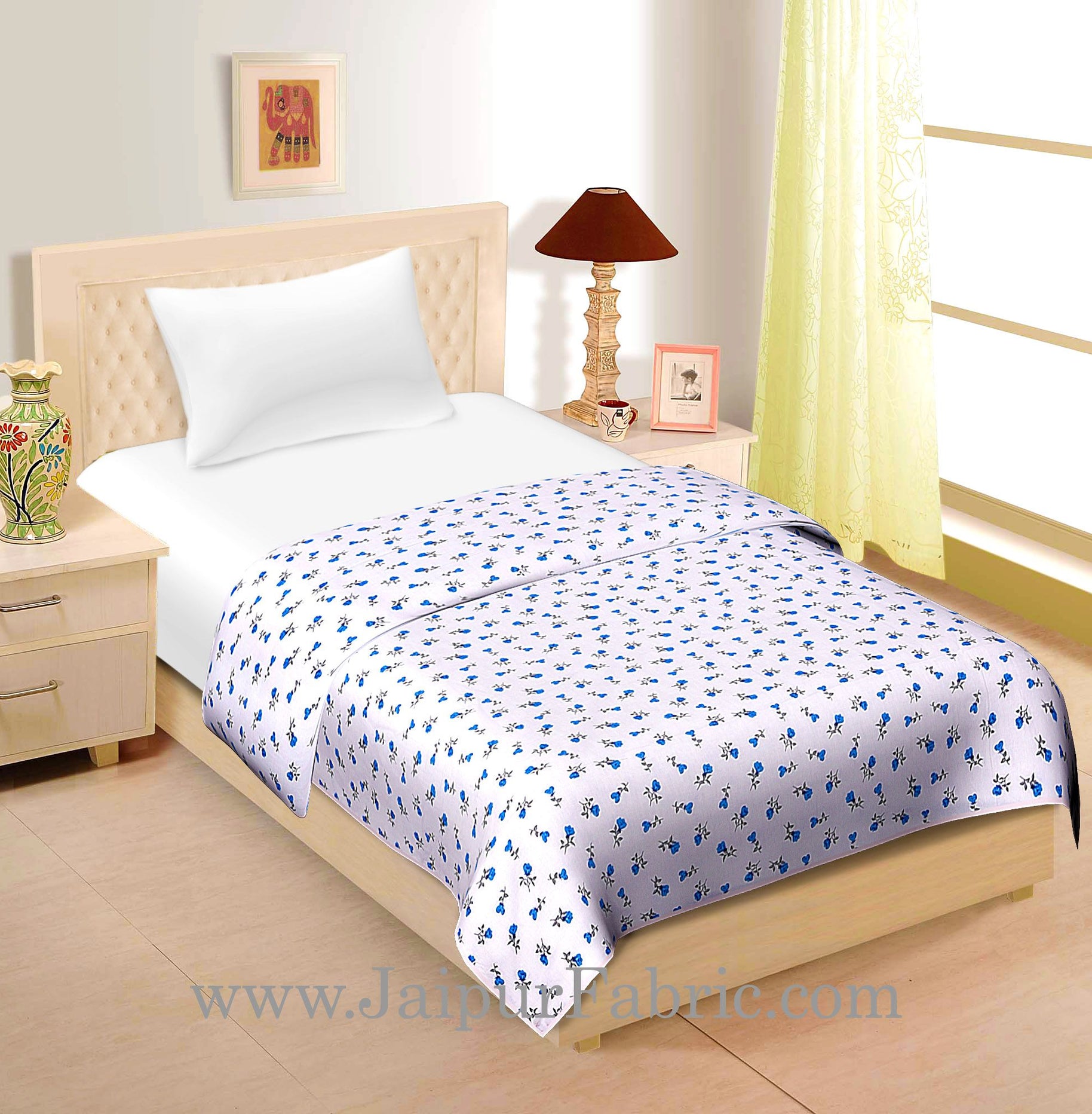 Cream Base Blue And Grey Floral Print Single Cotton Dohar