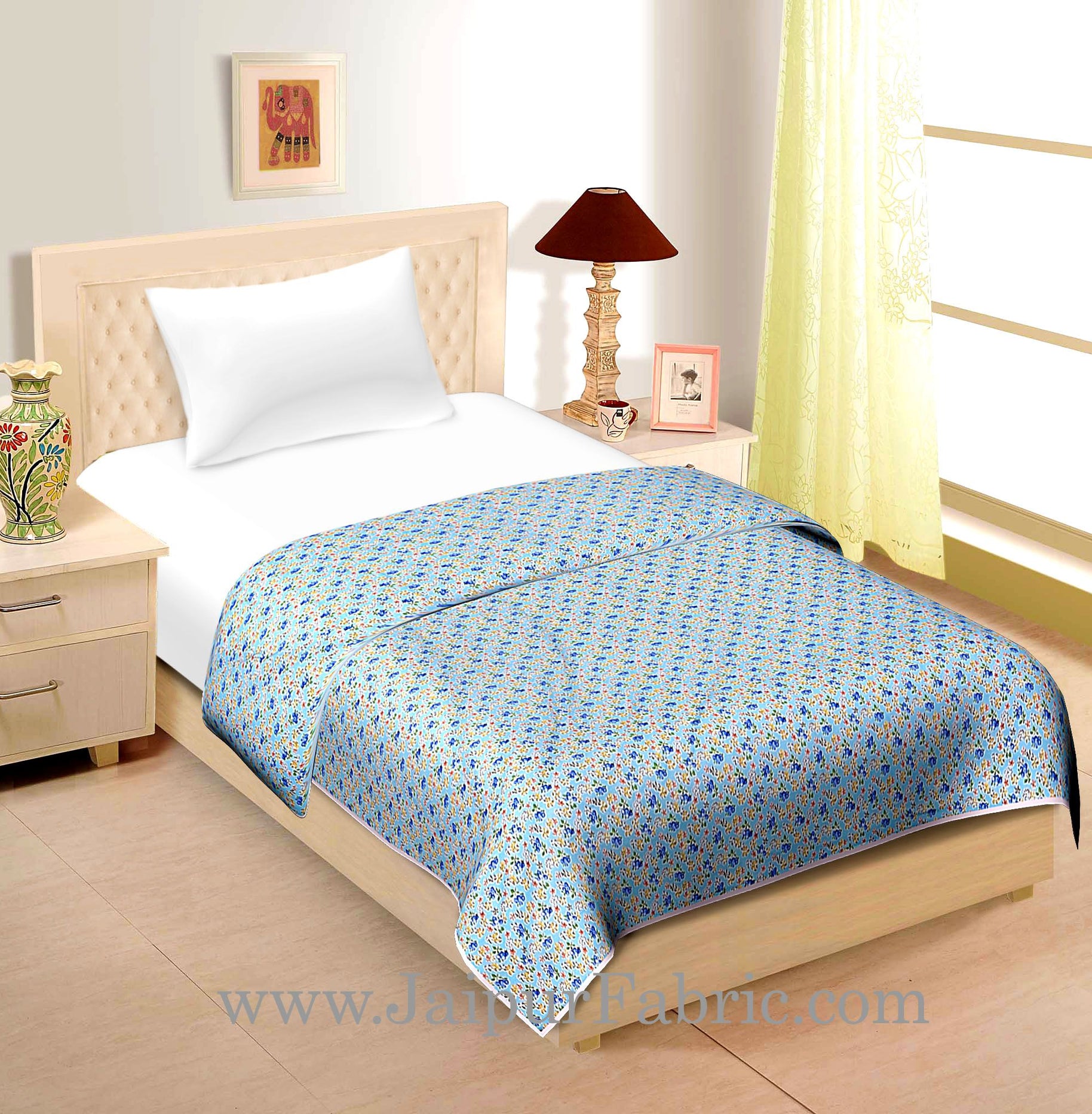 Light Blue  Base Multi  Tiny  Floral Print Single Cotton Dohar