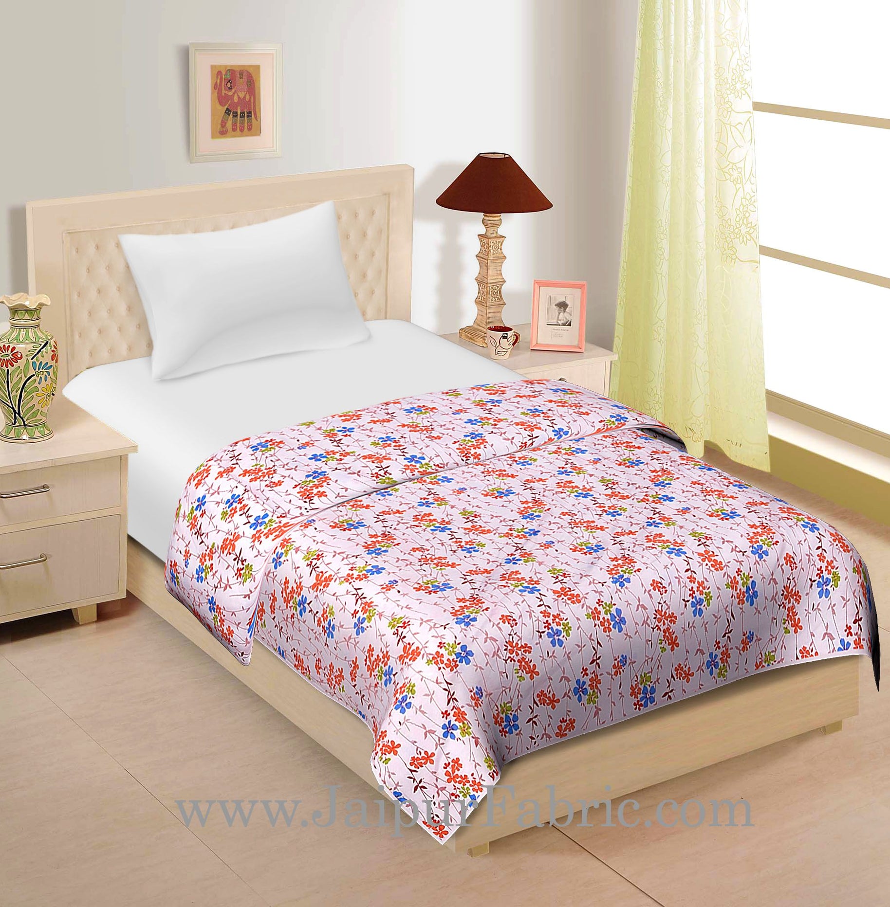 Cream Green Blue And Orange  Base Small floral Print Cotton Single