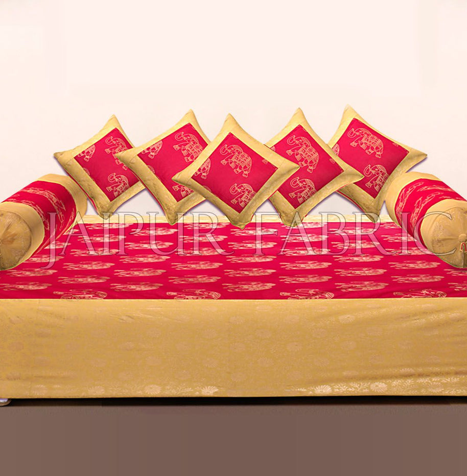 RED BASE PATCHWORK & GOLDEN ELEPHANT PRINTED DIWAN SET