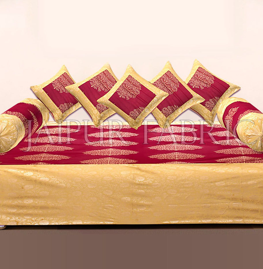 RED BASE PATCHWORK & GOLDEN LEAF PRINTED DIWAN SET