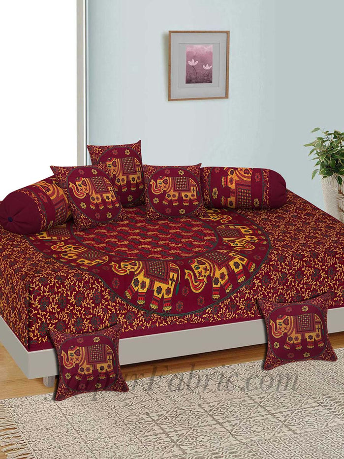 Maroon Elephant Print Pure Cotton Bohemian Mandala Diwan Set