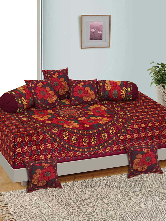 Maroon Floral Print Pure Cotton Bohemian Mandala Diwan Set