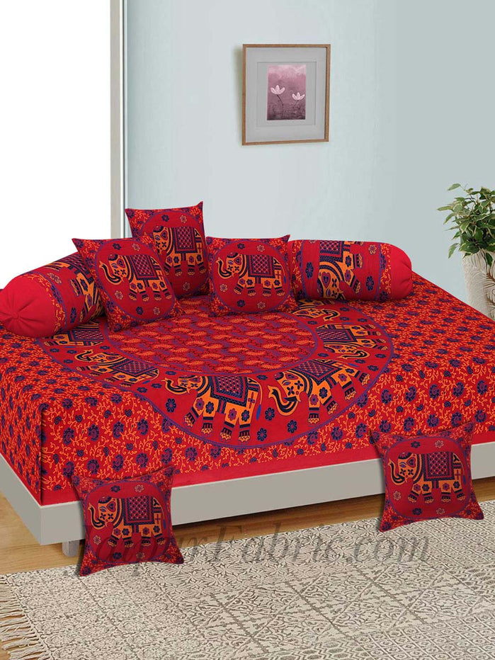 Red Elephant Print Pure Cotton Bohemian Mandala Diwan Set