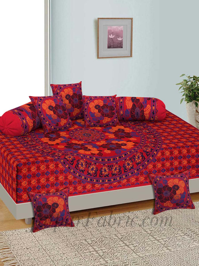 Red Floral Print Pure Cotton Bohemian Mandala Diwan Set