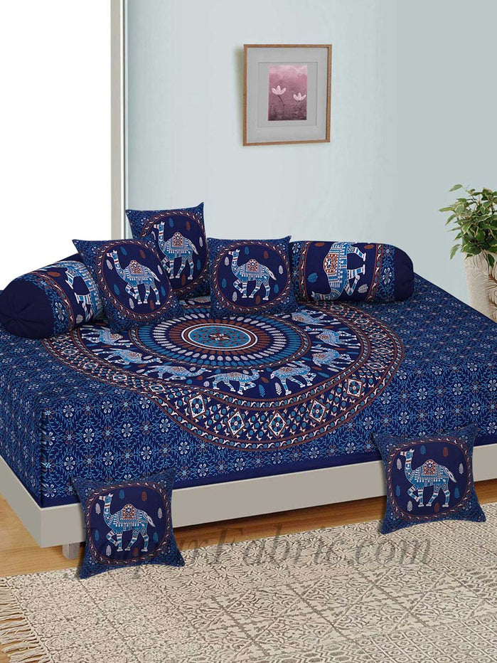 Blue Camel Print Pure Cotton Bohemian Mandala Diwan Set