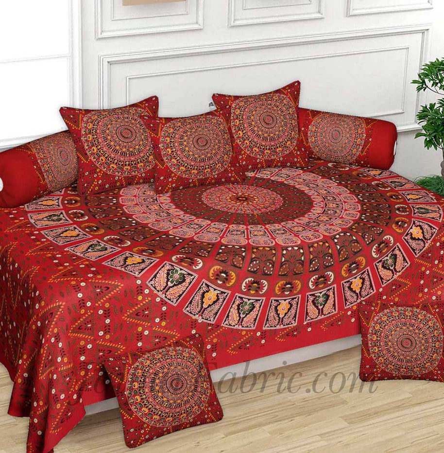 Red Zigzag Print Pure Cotton Bohemian Mandala Diwan Set