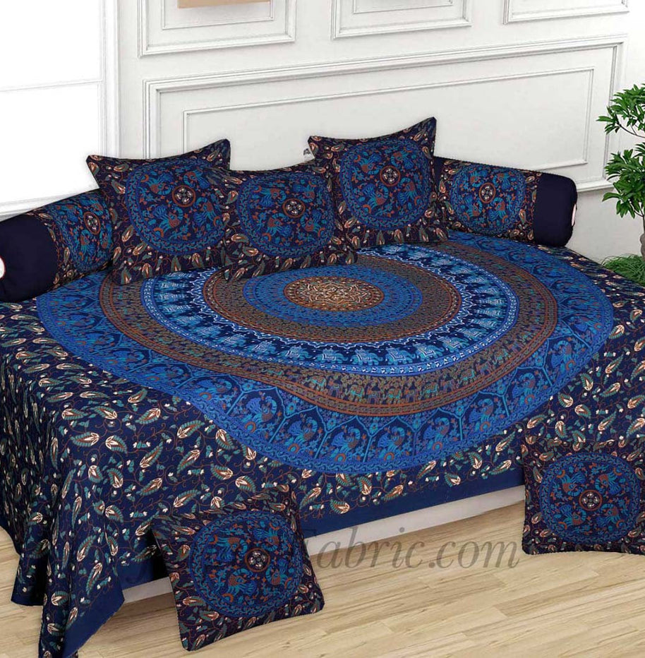 Blue Peacock Print Pure Cotton Bohemian Mandala Diwan Set