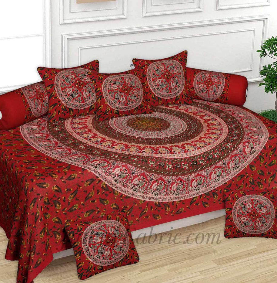 Red Peacock Print Pure Cotton Bohemian Mandala Diwan Set