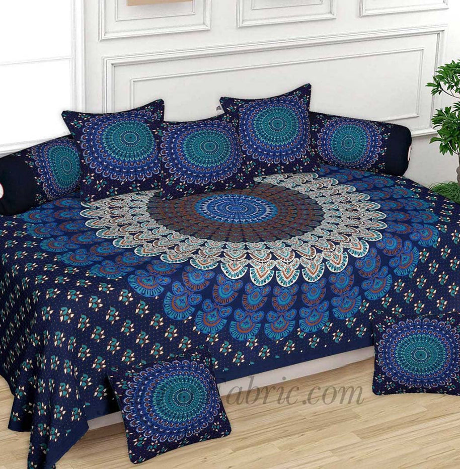 Blue Leafy Print Pure Cotton Bohemian Mandala Diwan Set