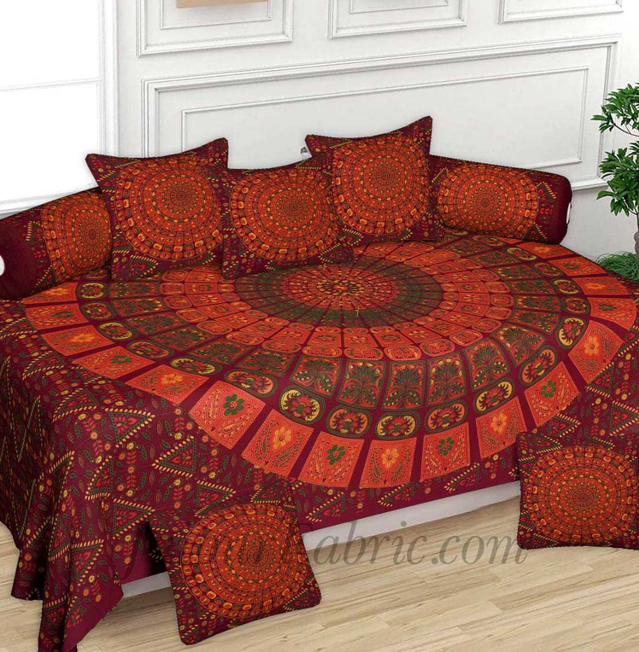 Maroon Zigzag Print Pure Cotton Bohemian Mandala Diwan Set