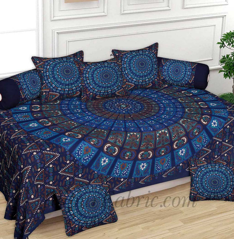 Blue Zigzag Print Pure Cotton Bohemian Mandala Diwan Set