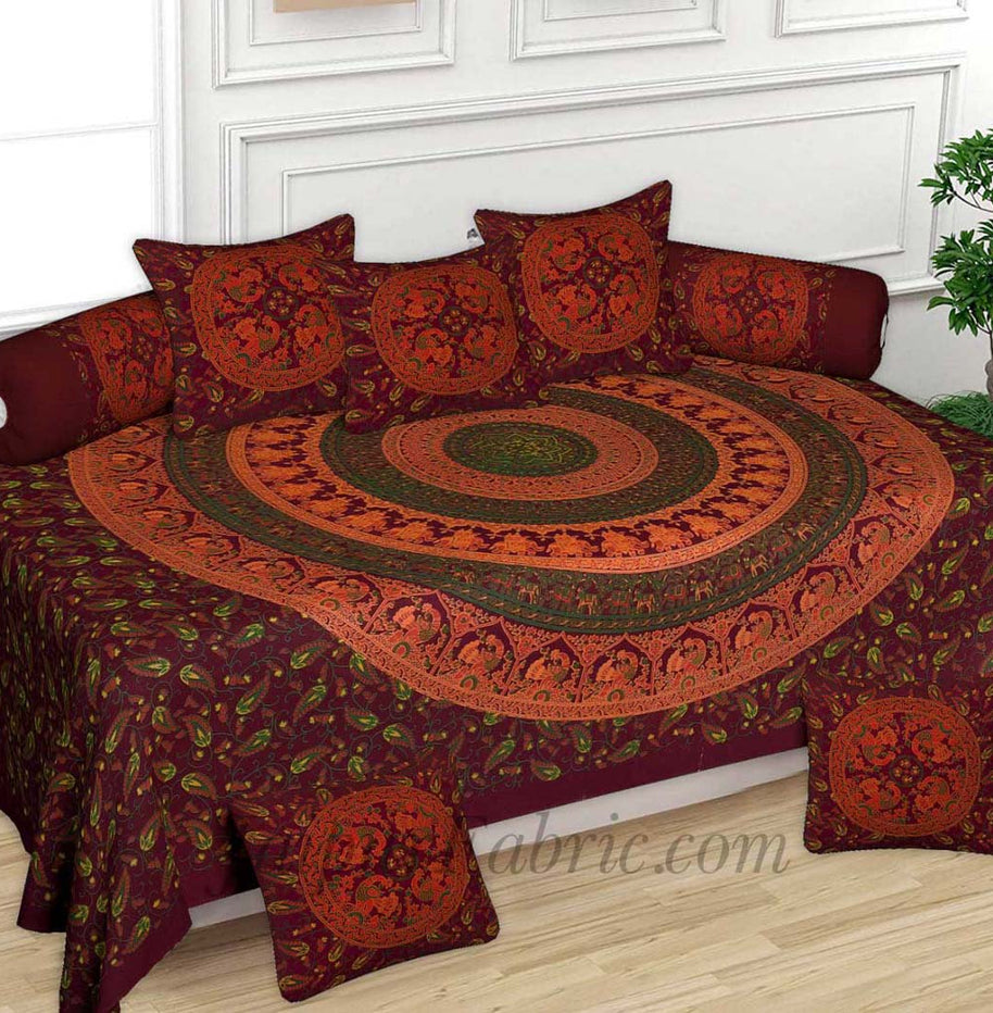 Maroon Peacock Print Pure Cotton Bohemian Mandala Diwan Set