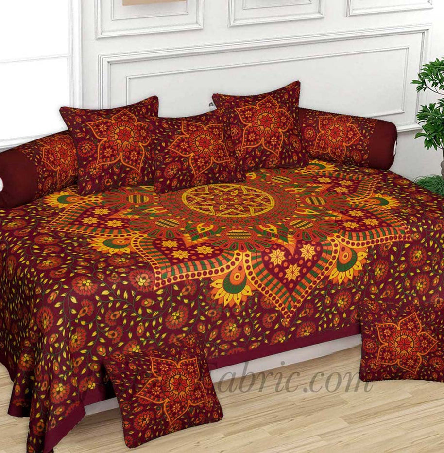 Maroon Rangoli Print Pure Cotton Bohemian Mandala Diwan Set