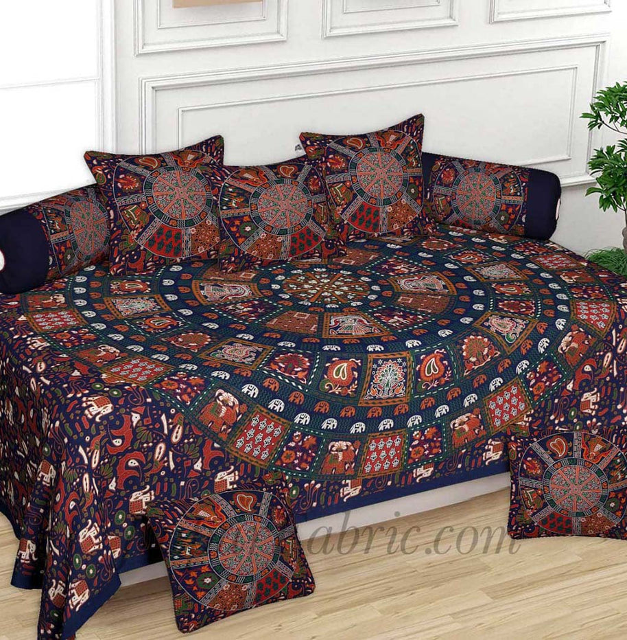 Blue Square Print Pure Cotton Bohemian Mandala Diwan Set