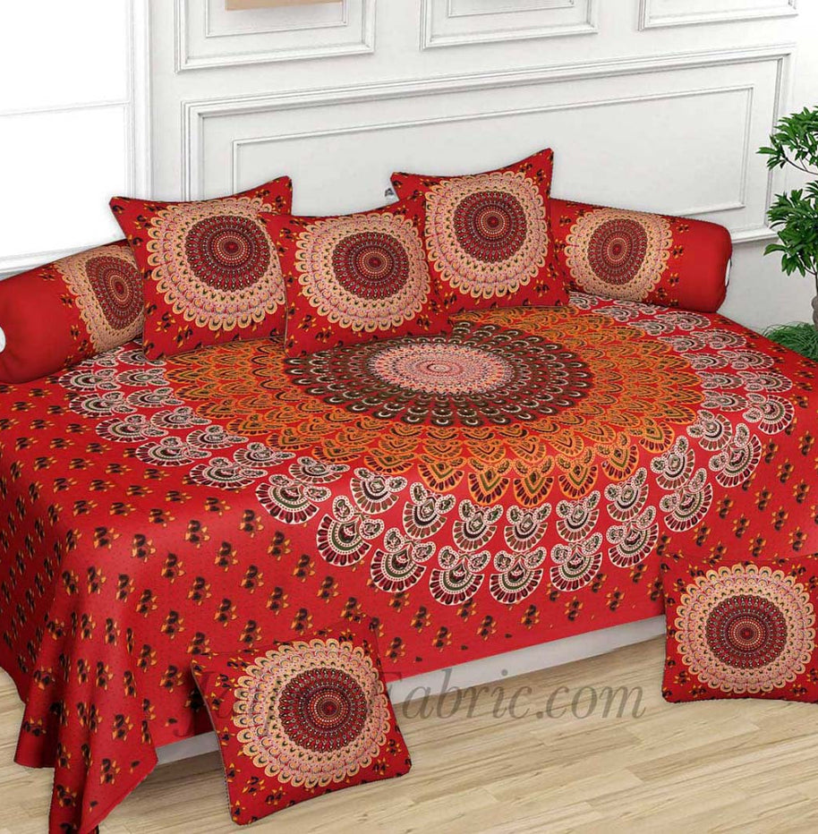 Red Leafy Print Pure Cotton Bohemian Mandala Diwan Set