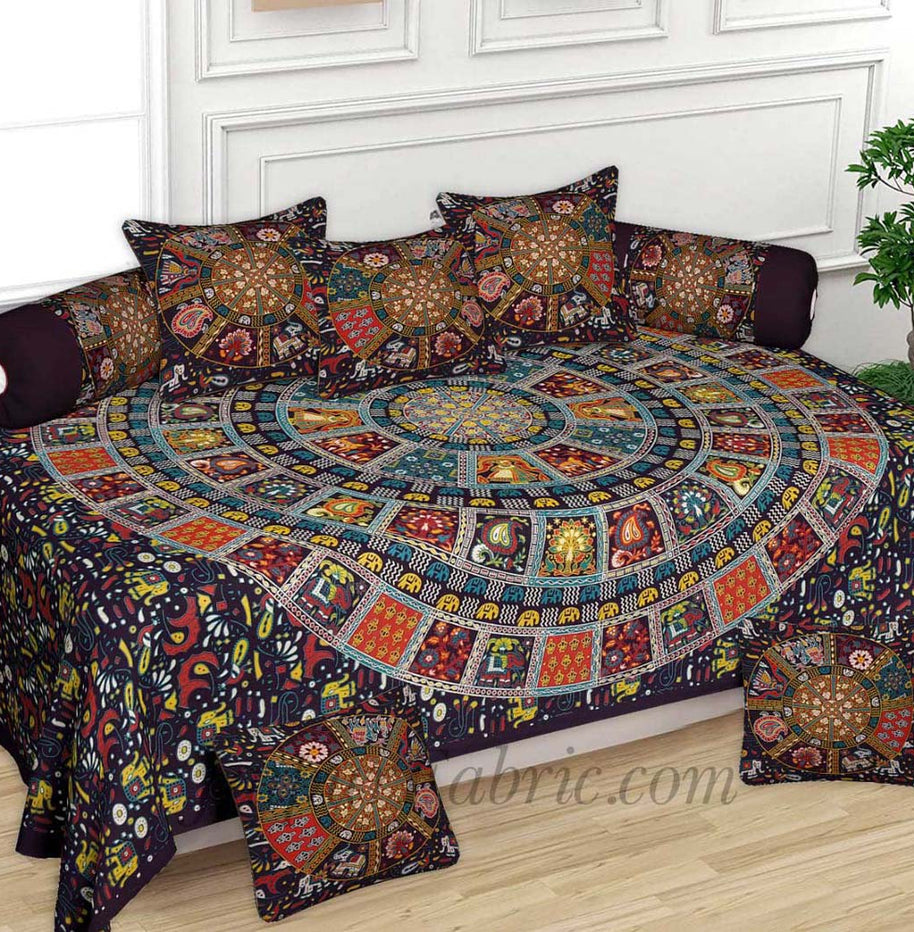 Brown Square Print Pure Cotton Bohemian Mandala Diwan Set