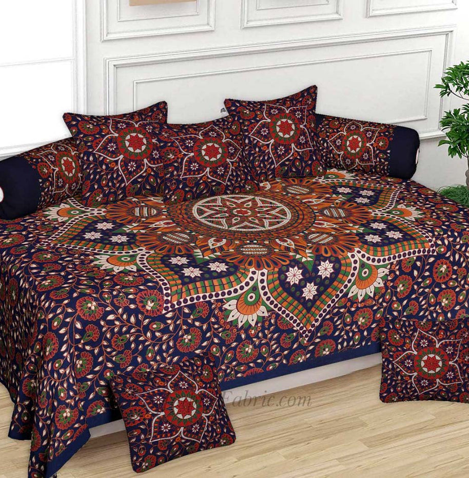 Blue Rangoli Print Pure Cotton Bohemian Mandala Diwan Set