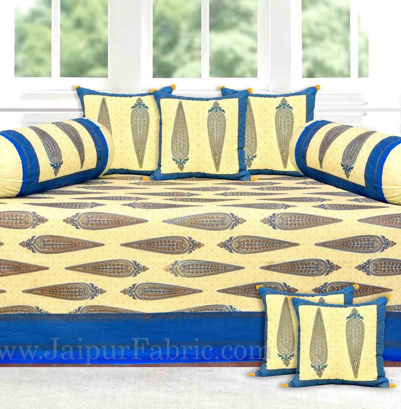 Blue Border Paisley Gold Print Diwan Set