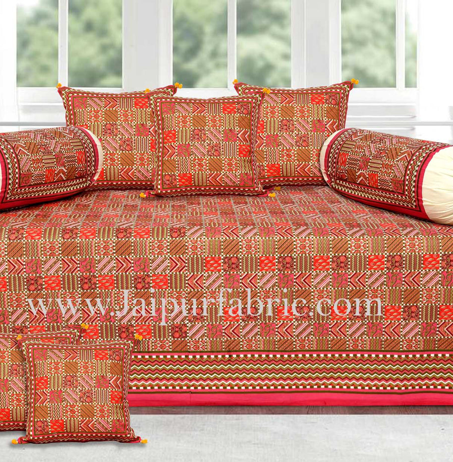 Red border small designer checks gold print diwan set