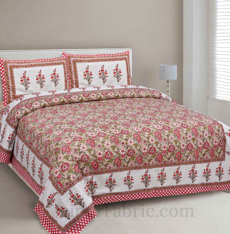 Floral Bouquette Red Boota Border Pure Cotton Double BedSheet