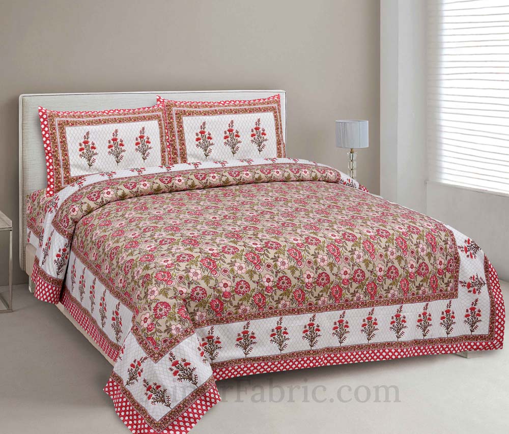 Floral Bouquette Red Boota Border Pure Cotton Double BedSheet