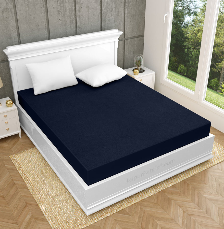 Heavy Quality Navy Blue Terry Cotton Waterproof and Elastic Fitted Through Out Double Mattress Protector