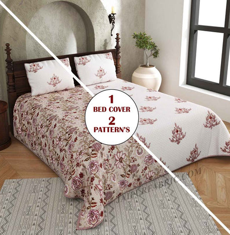 Royal Floral Fusion Pure Cotton Reversible Quilted Bedcover with Pillowcases