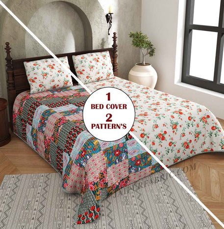 A Royal Glance Pure Cotton Reversible Quilted Bedcover with Pillowcases