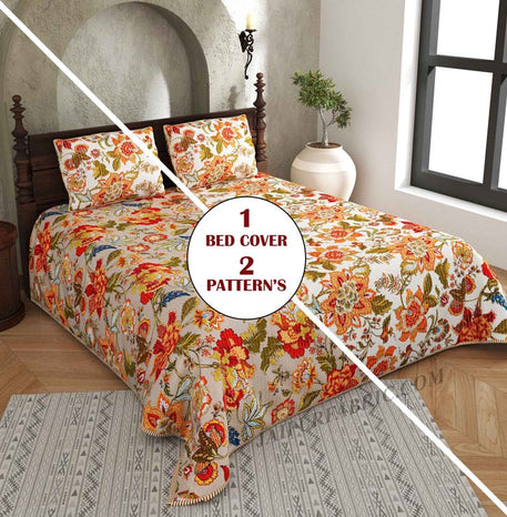 The Festive Grace Pure Cotton Reversible Quilted Bedcover with Pillowcases