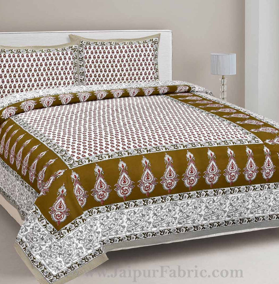 Double Bedsheet Mehndi Green Printed Cotton 2 Pillow Cover