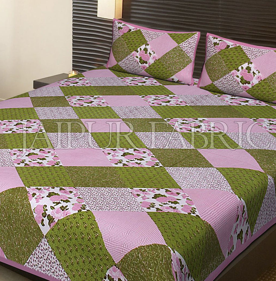 Pink Border Multicolor Base Flower Pattern Screen Print Cotton Double Bed Sheet