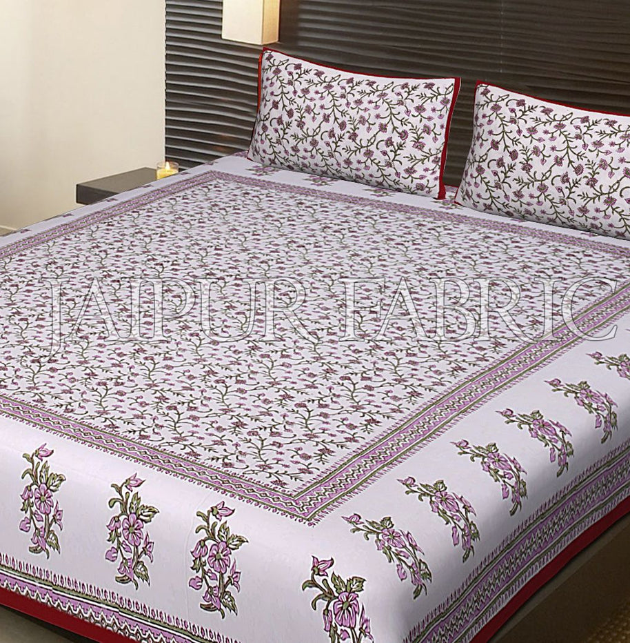 Red Border White Base Leaf Pattern Block Print Cotton Double Bed Sheet