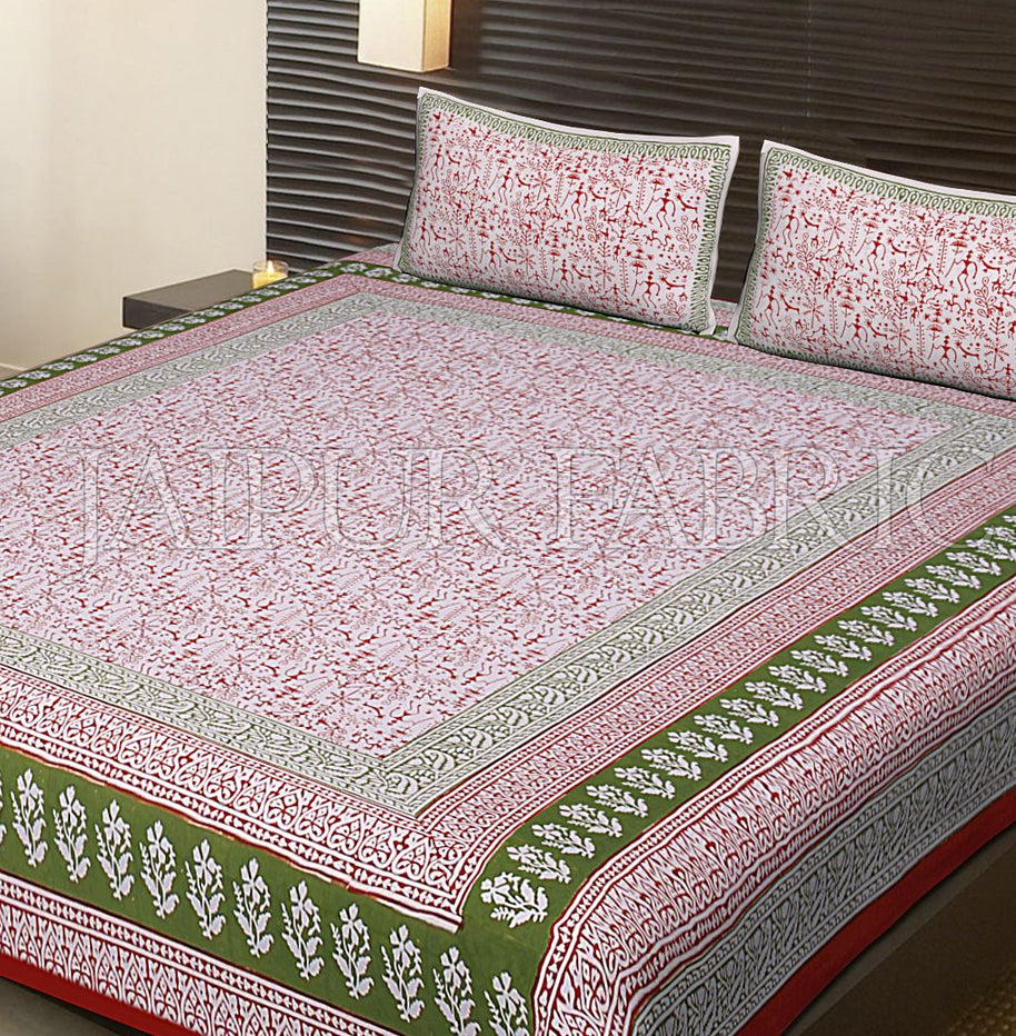 Red Border White Base Tropical Pattern Block Print Cotton Double Bed Sheet