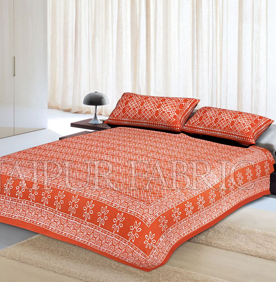 Orange Border Zig Zag Pattern Dhabu Print Cotton Double Bed Sheet