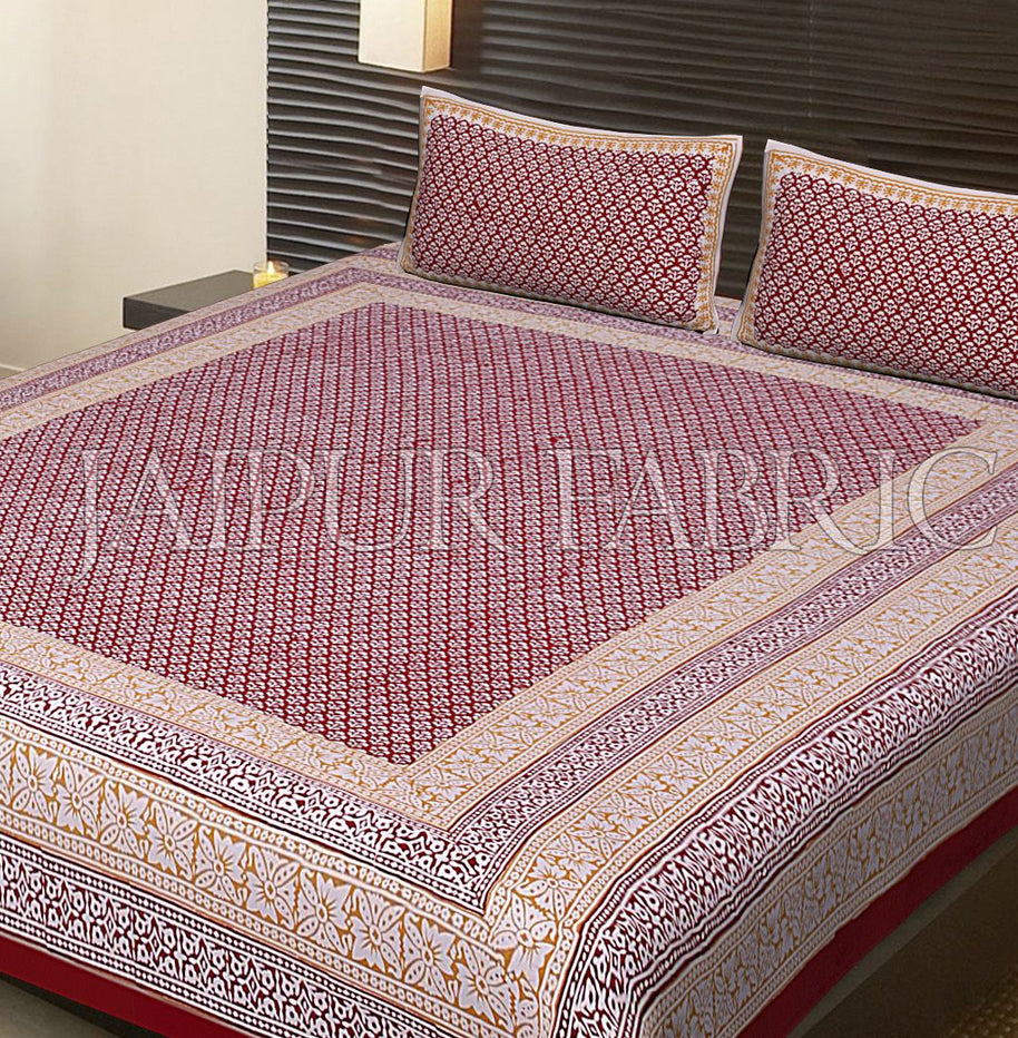 Maroon Base Leaf Pattern Block Print Cotton Double Bed Sheet