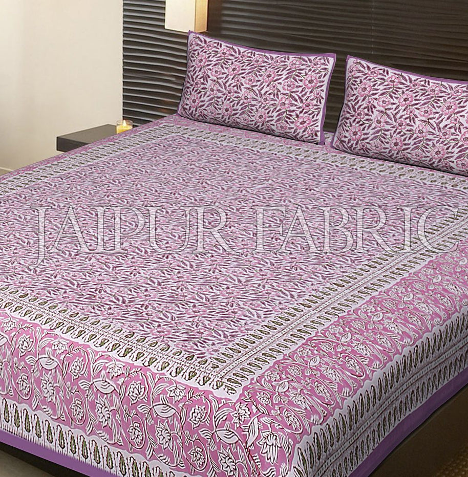 Purple Base Flower Pattern Block Print Cotton Double Bed Sheet