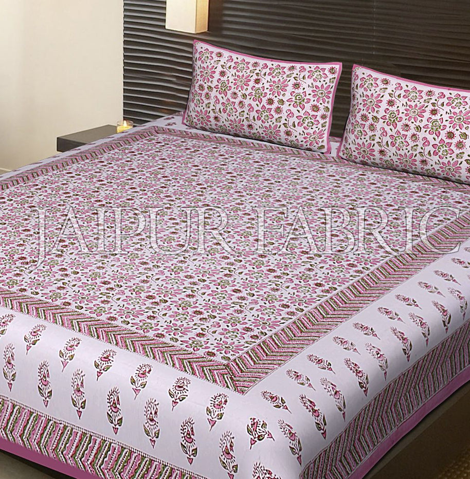 Pink Border White Base Leaf Pattern Block Print Cotton Double Bed Sheet