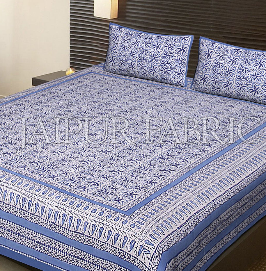 Blue Border White Base Leaf Pattern Block Print Cotton Double Bed Sheet