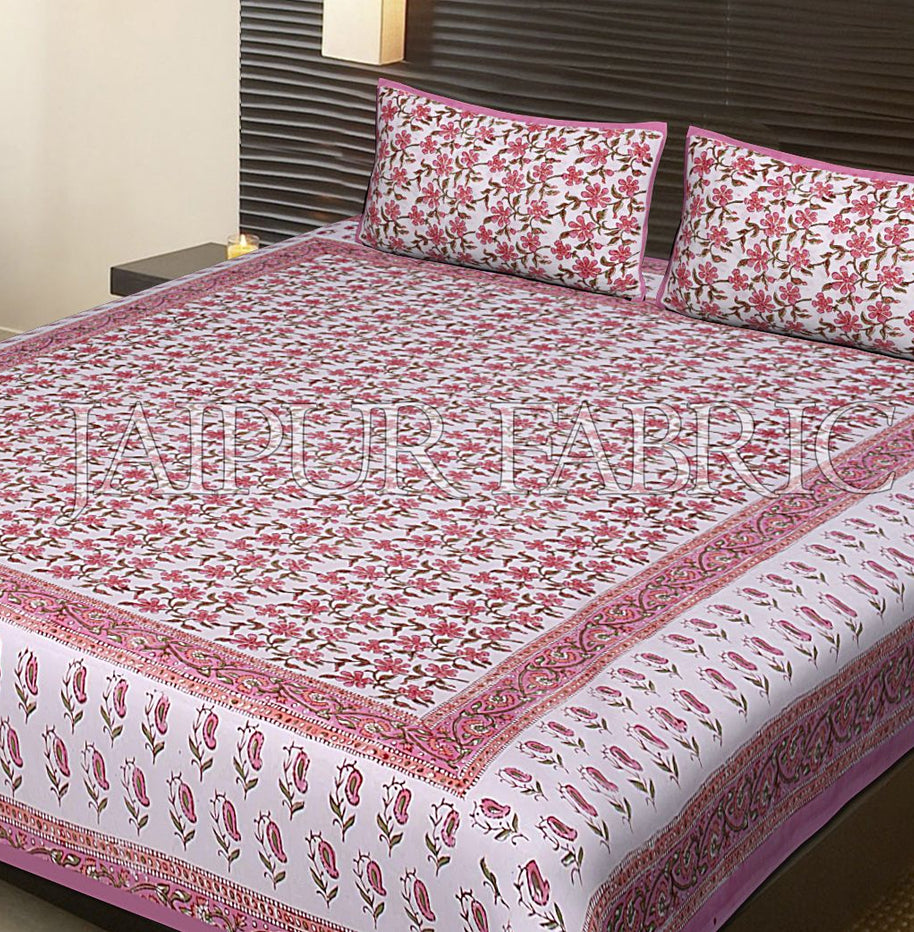 Pink Border White Base Flower Pattern Block Print Cotton Double Bed Sheet