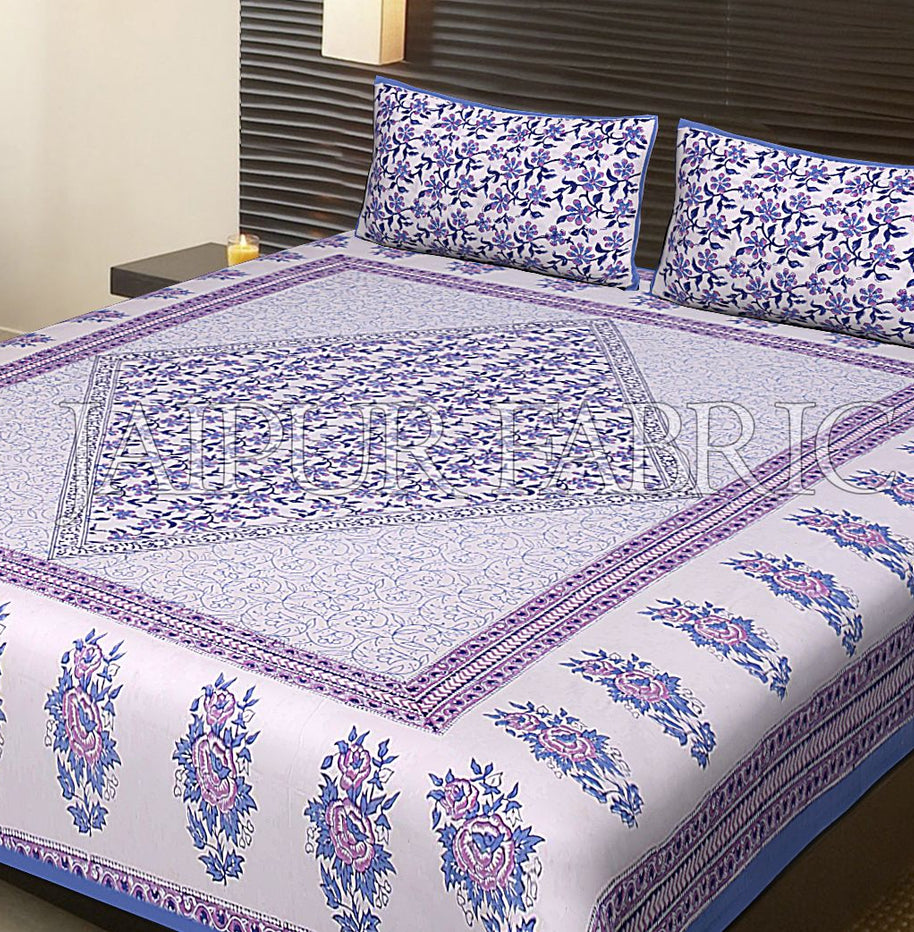 Blue Border Flower Pattern Block Print Cotton Double Bed Sheet