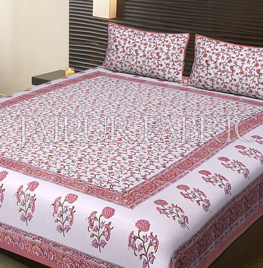 Peach Border White Base Flower Pattern Block Print Cotton Double Bed Sheet