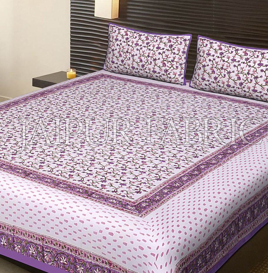 Purple Border White Base Flower Pattern Block Print Cotton Double Bed Sheet