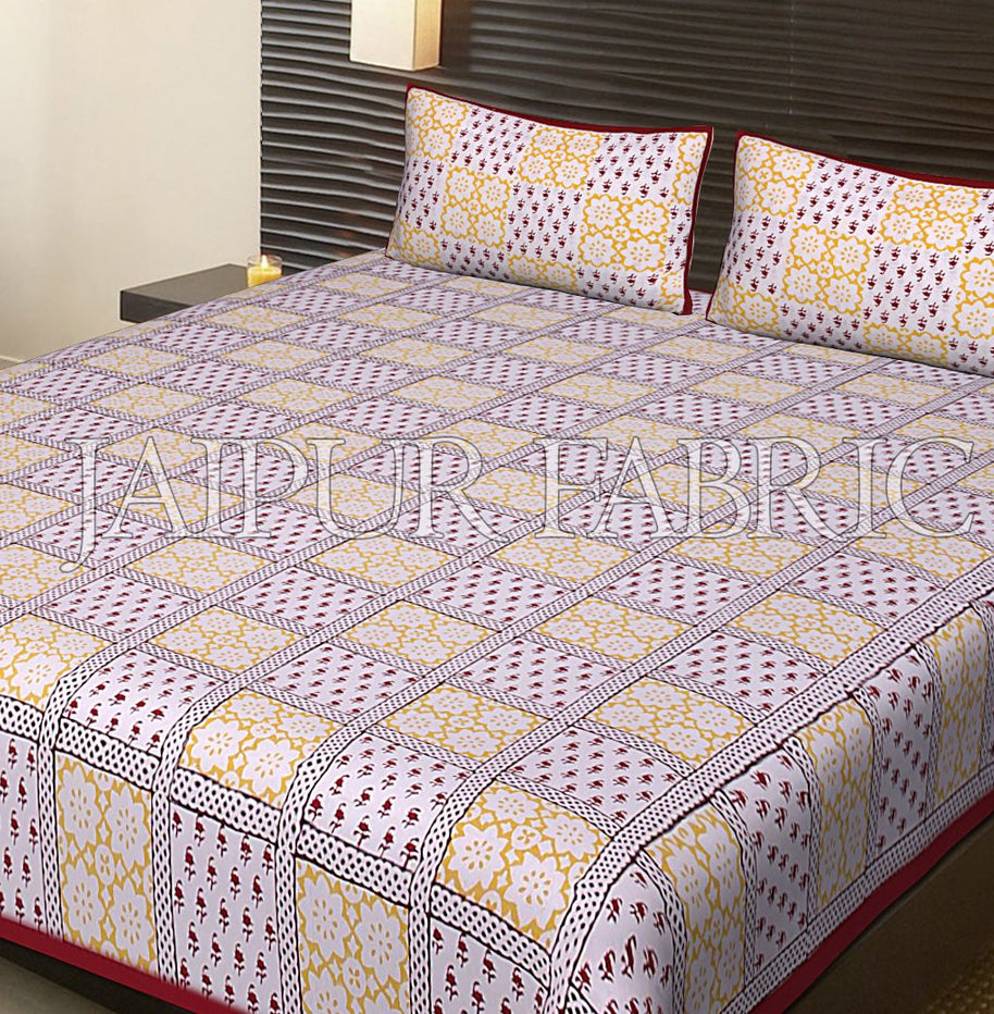 Red Border Square Pattern Block Print Cotton Double Bed Sheet