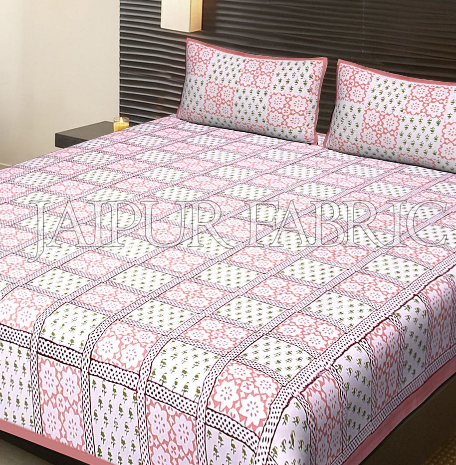 Pink Border Square Pattern Block Print Cotton Double Bed Sheet