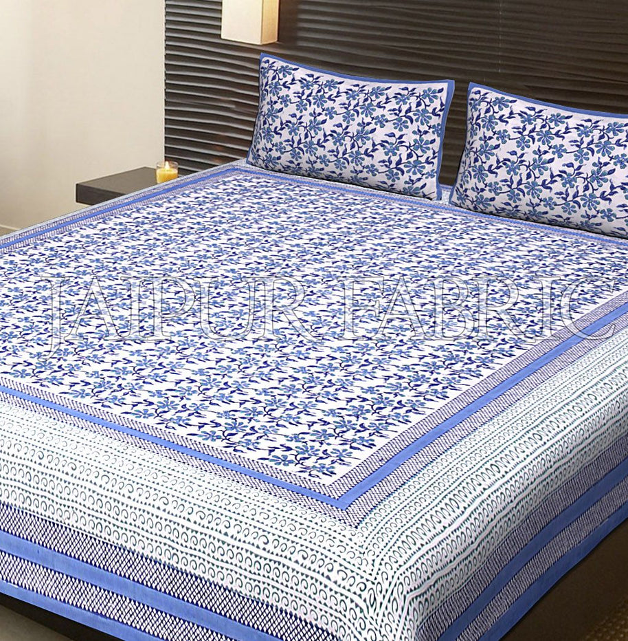 Blue Border White Base Flower Pattern Block Print Cotton Double Bed Sheet