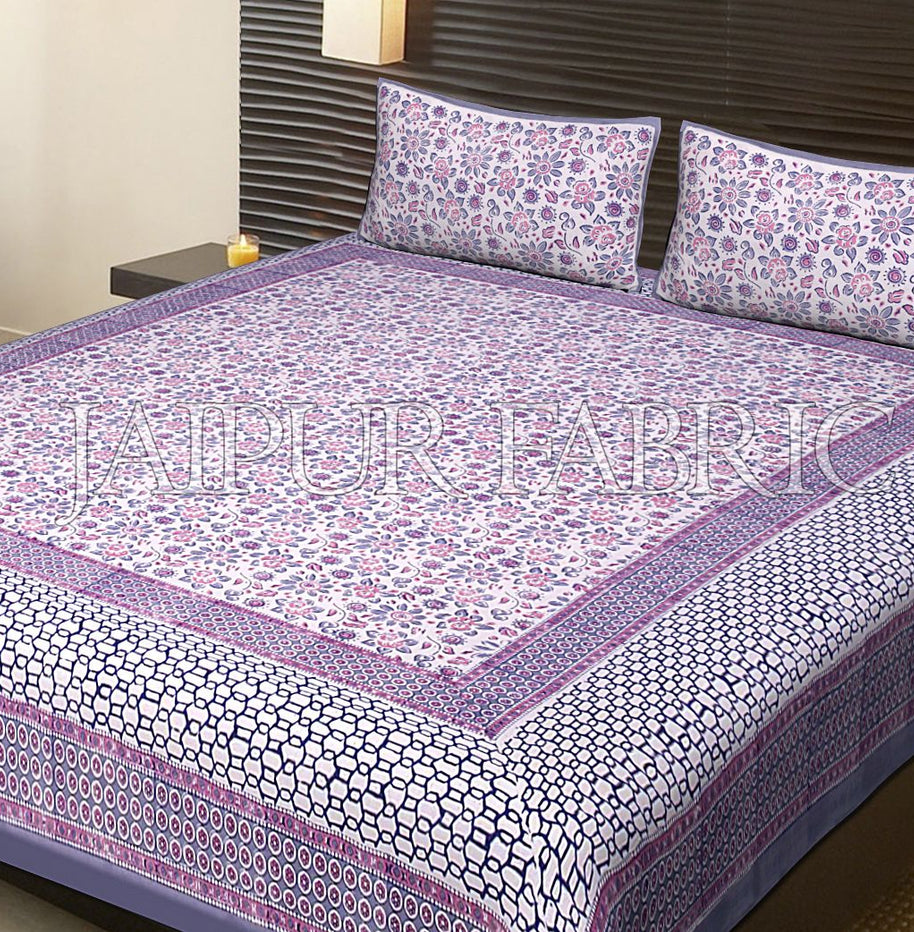 Blue Border White Base Flower Pattern Block Print Cotton Double Bed Sheet