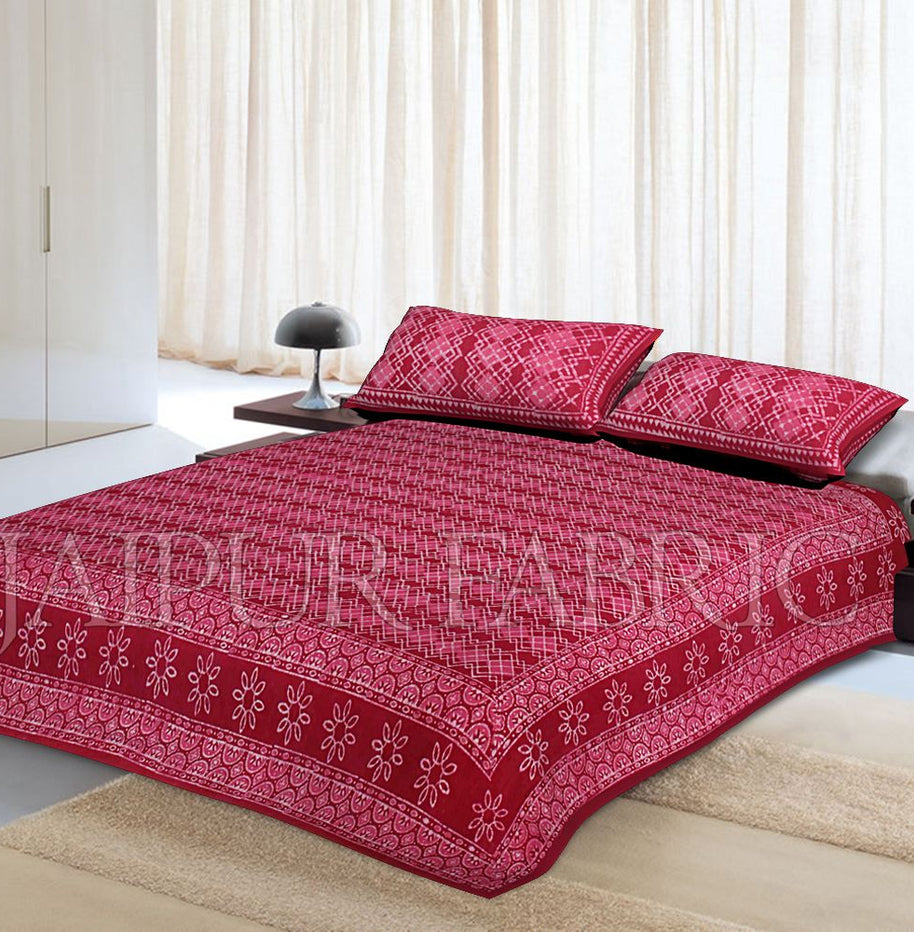 Maroon Border Zig Zag Pattern Dhabu Print Cotton Double Bed Sheet