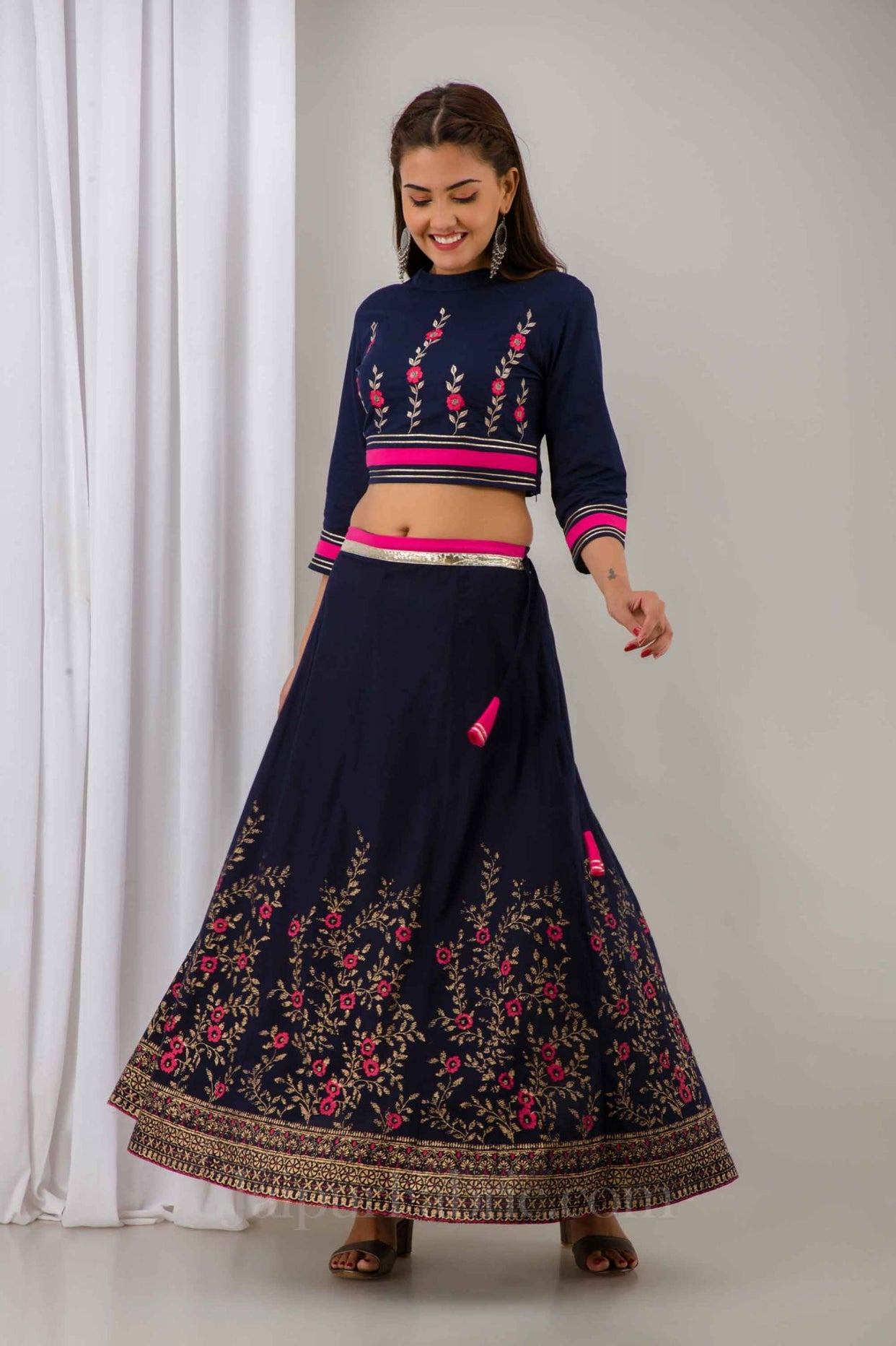 Women Navy Blue Festive Cotton Top with Skirt