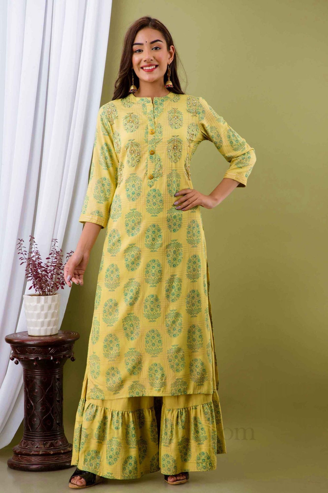 Women Yellow Cotton Kurti with Sharara